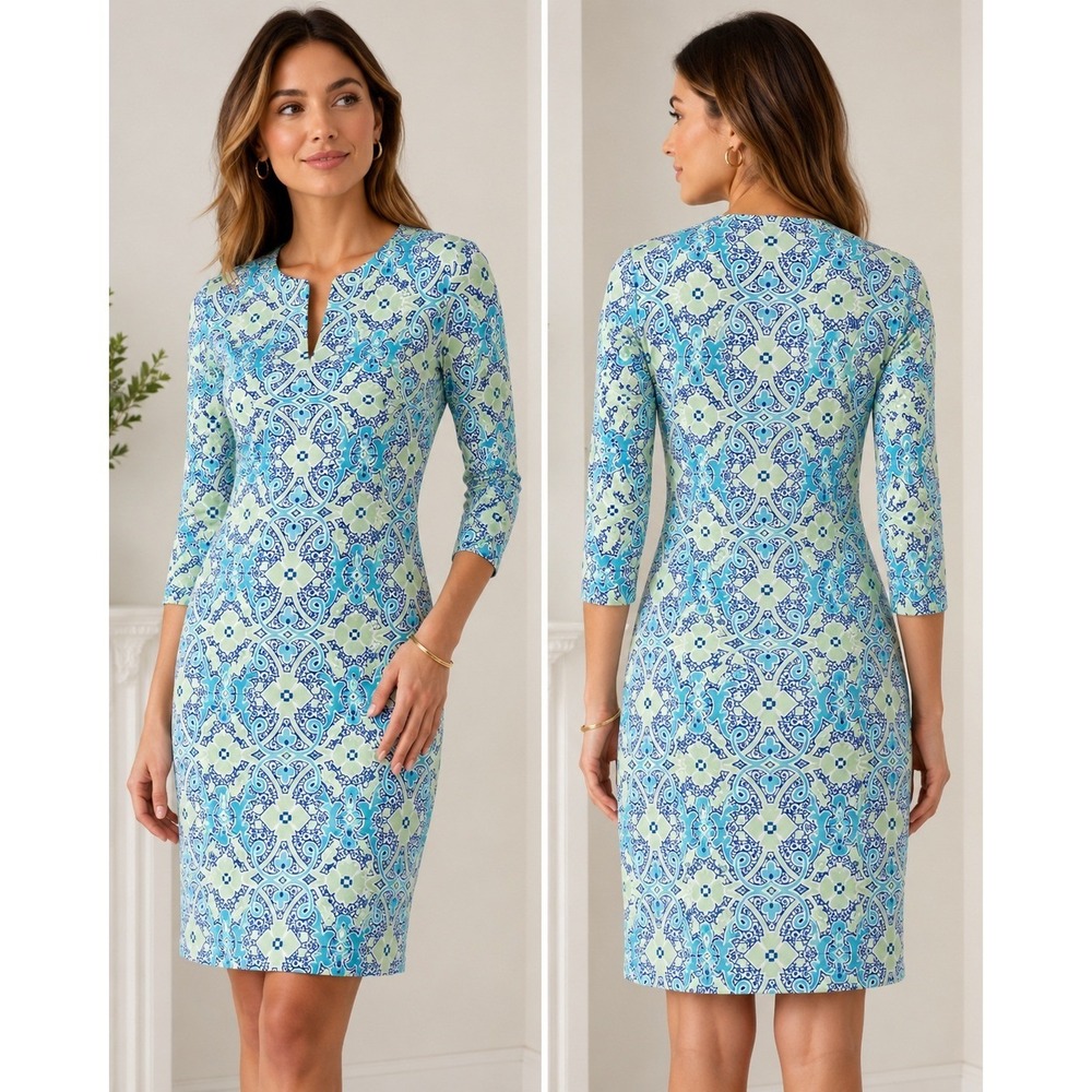 J.McLaughlin Sheath Dress Blue Green Geometric Cotton Stretch XS Preppy, Coastal